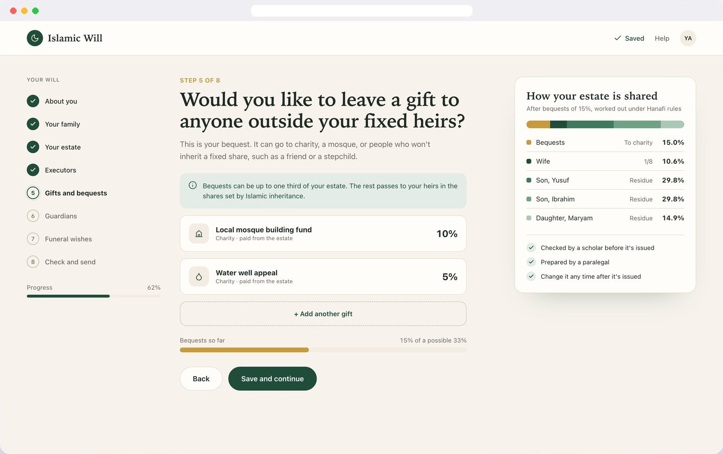 A step of the will questionnaire, with the estate shares worked out alongside