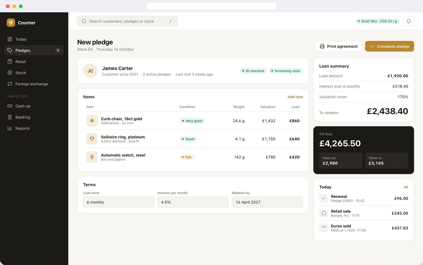 A new pledge at the counter, with items, loan terms and the till float