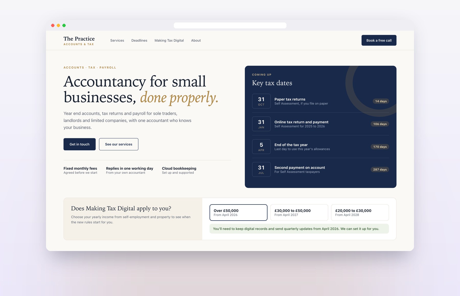 An accountancy home page with key tax dates and a Making Tax Digital check