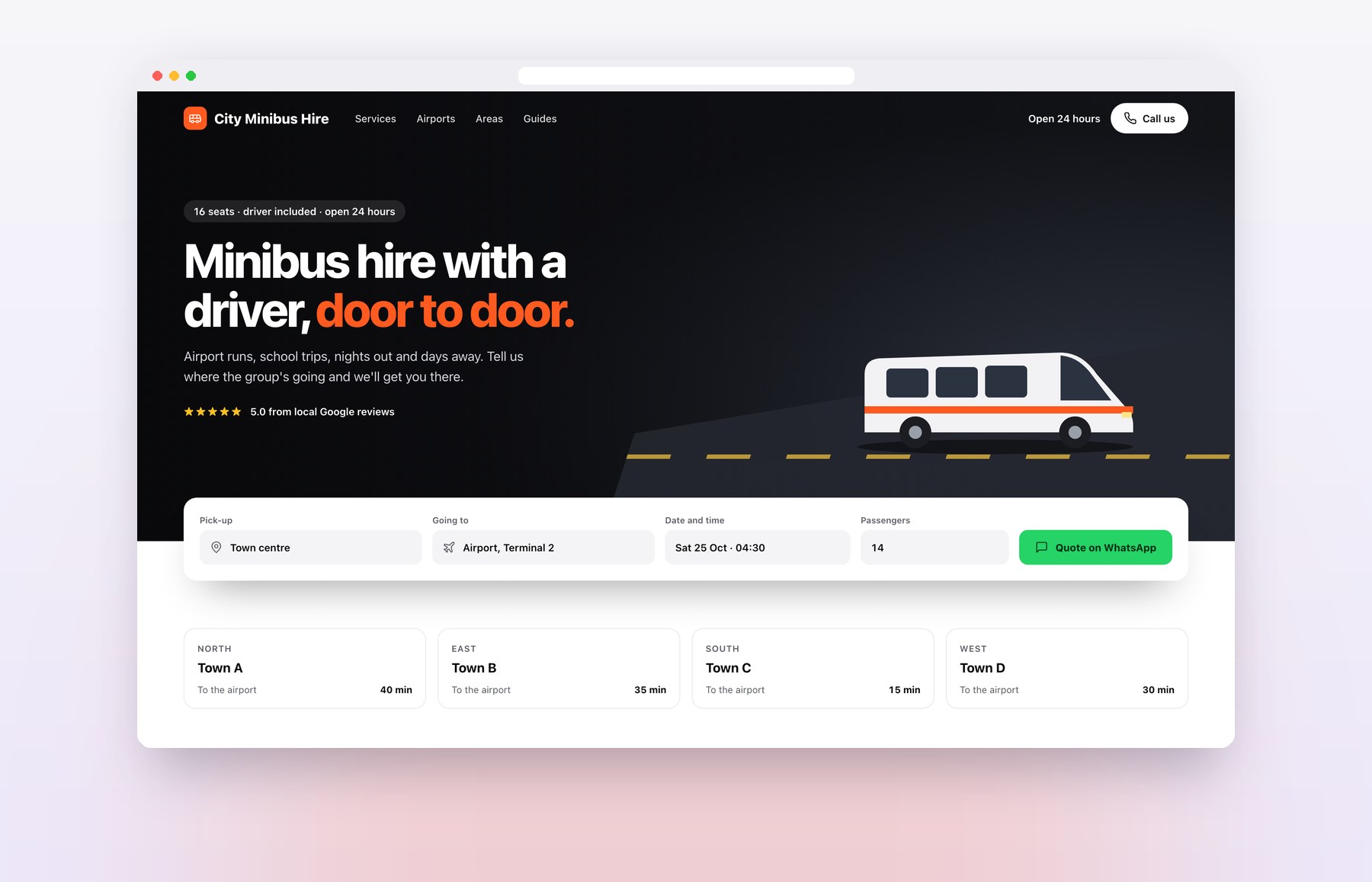 A minibus hire home page with a quote form and journey times
