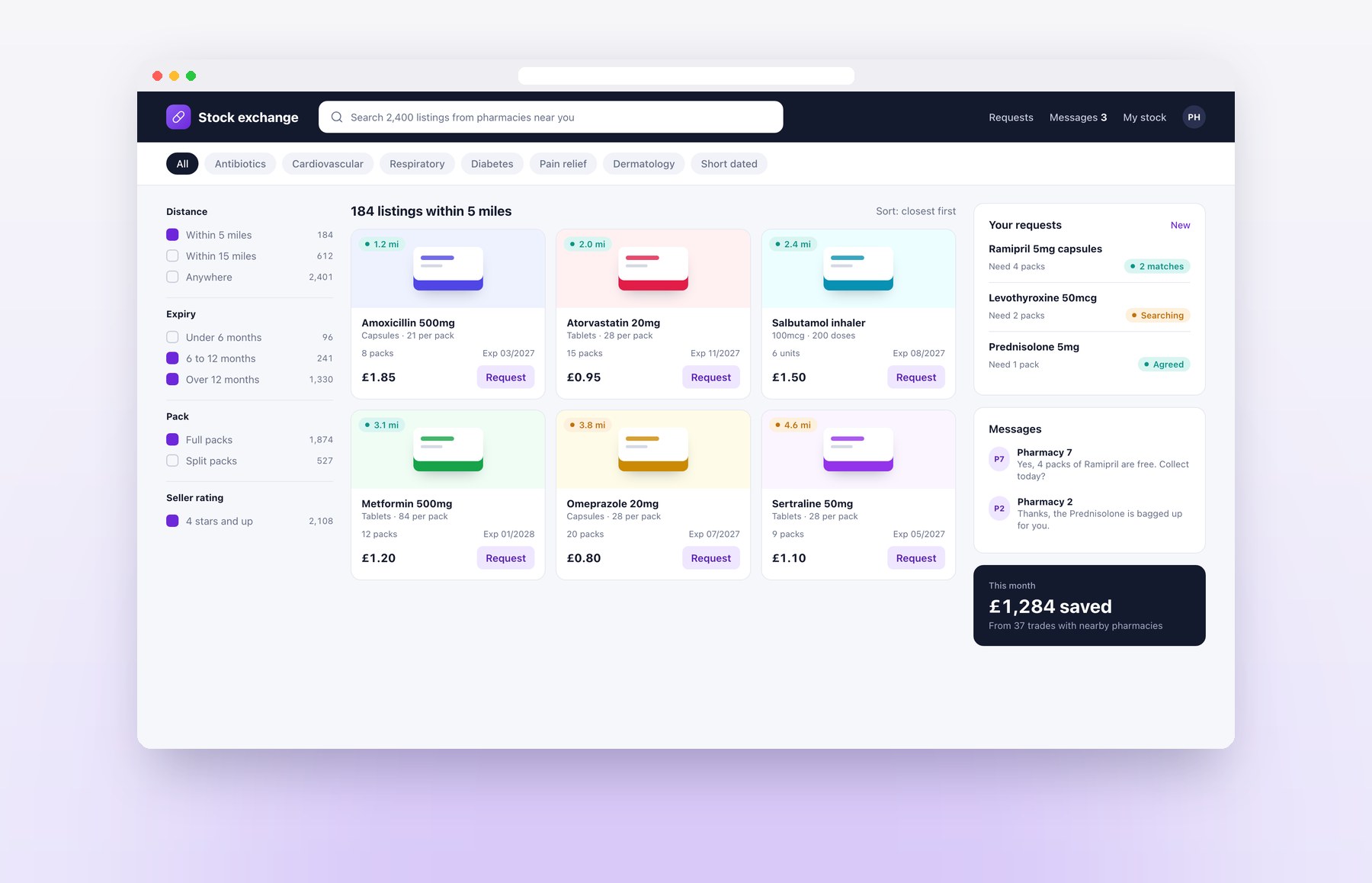 Stock listings from nearby pharmacies, with requests and messages